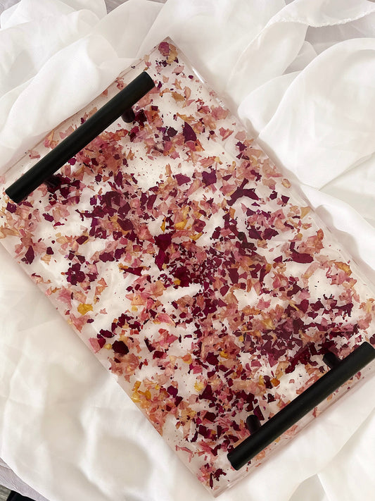 Petal confetti resin serving tray with black handles